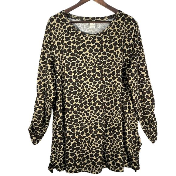 Terra & Sky Pullover Animal Print Tunic Top Women Size 2X Beige Brown Round Neck - Picture 1 of 12